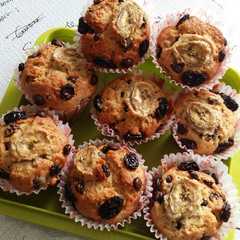 A picture of Banana muffin with choccochips and raisin.