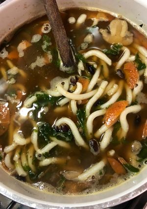 A picture of Noodle Soup with Black Beans.