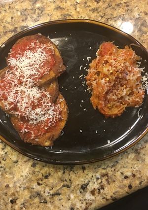 A picture of Vegetarian Eggplant Parmigiana With A Side Of Spaghetti Squash Noodles.