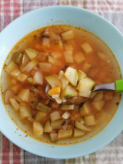 A picture of Sopa de calabacitas, flor de calabaza, champiñones y elote.