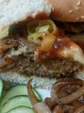 Beef steak style burgers serve with Apple Mac salad and fries