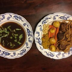 A picture of California Farm Venison Dinner Broth with Noodles.