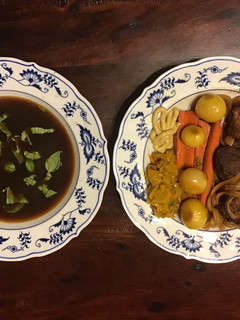A picture of California Farm Venison Dinner Broth with Noodles.