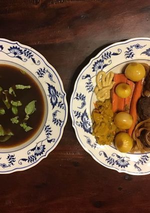 A picture of California Farm Venison Dinner Broth with Noodles.