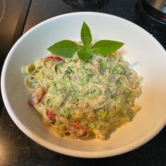 A picture of Creamy Lux Salmon Pasta with Broccoli.