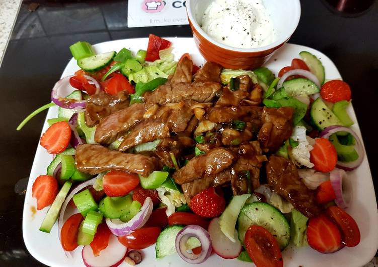 Step-by-Step Guide to Prepare Perfect My Marinated Sriracha Beef with Salad. 😙