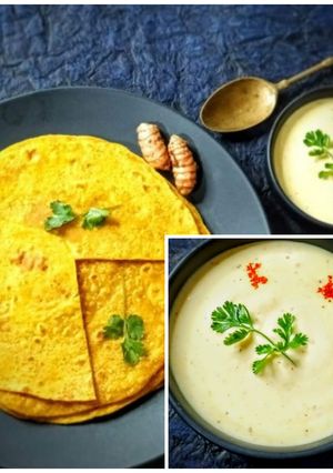 A picture of Kachchi Haldi Paratha with Sarson ka Raita.