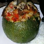 Round, Stuffed Zucchini with Brown Rice, Ground Beef, Red Pepper