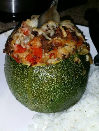 Easy Way Prepare Round, Stuffed Zucchini with Brown Rice, Ground Beef, Red Pepper which So Delicious