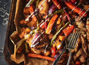 A picture of Moroccan Spiced Chicken Tray Bake.