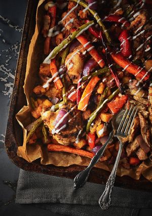 A picture of Moroccan Spiced Chicken Tray Bake.