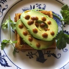 A picture of 275 California Farm Avocado Waffle and Sauce.