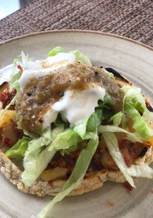 A picture of Sopes with Potatoes and Chorizo.