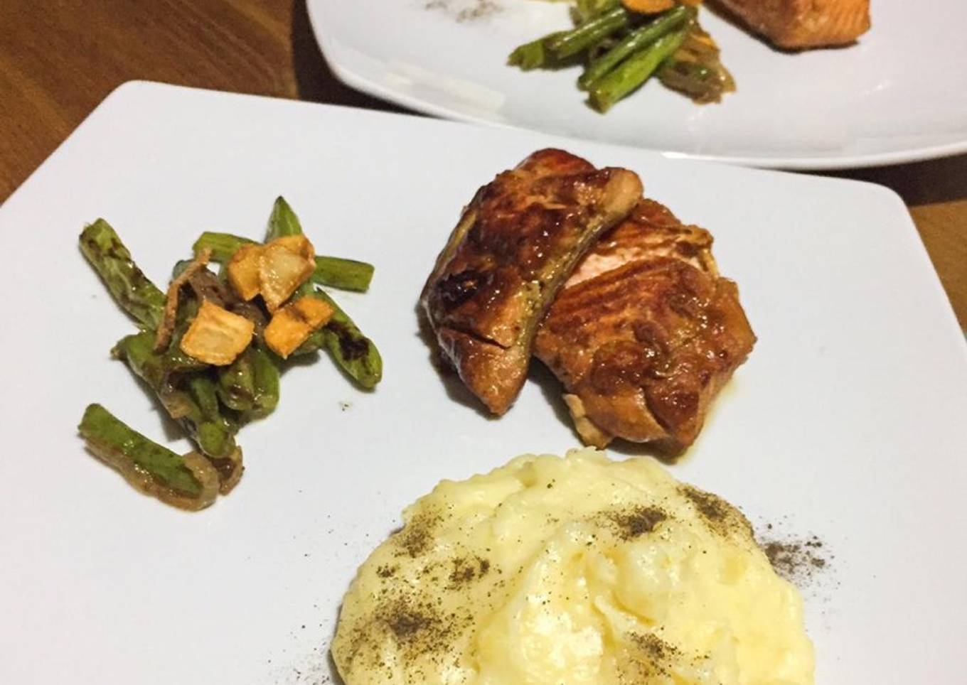 Salmon Steak with Mashed Potato and Black Pepper Garlic Veggies