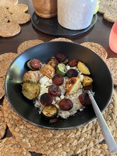 A picture of Sheet Pan Chicken Apple Sausage with Veggies.