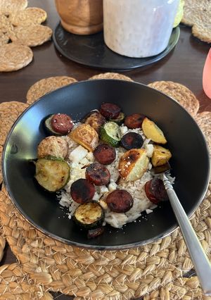 A picture of Sheet Pan Chicken Apple Sausage with Veggies.