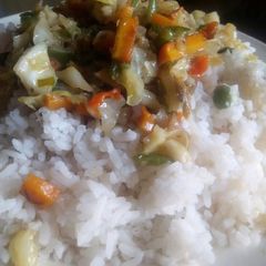 A picture of White Rice & Stir Fry Vegetable Stew.