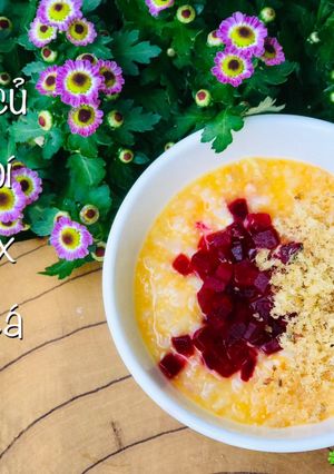 Hình của món Ăn dặm- cháo bí đỏ, củ dền mix ruốc cá bống cát.
