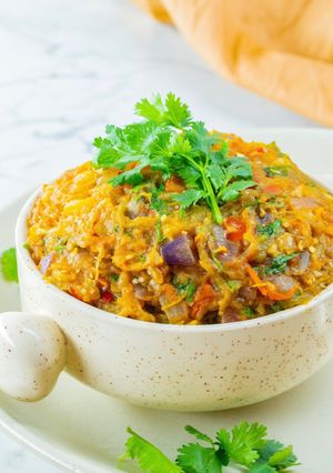 A picture of Baingan Bharta (Smoky Eggplant Curry).