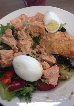 A picture of Vegetables, moi moi and boiled egg.