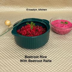 A picture of Beetroot Rice with Beetroot Raita.