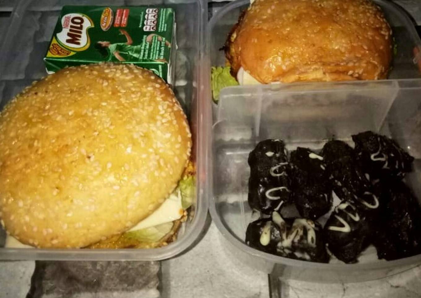 BEKAL SUAMI (Double Egg Burger, Kurma Coklat, Milo)