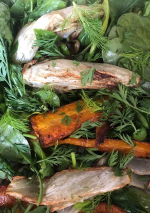 A picture of Carrots, fennel and baby spinach.