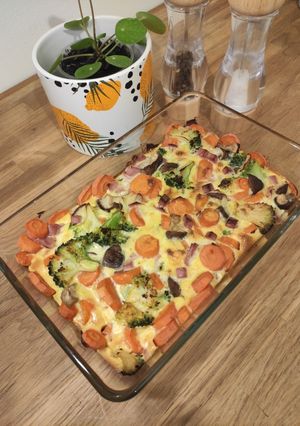 Une photo de Gratin carottes, brocolis, jambon au curry