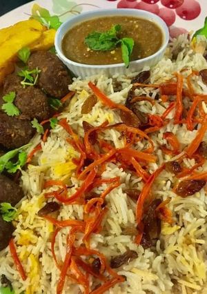 A picture of Afghani Pulao💕💕with Afghani kababs and tomato Chutney.