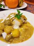 Solomillo de pavo en pepitoria con champiñones y patatas baby