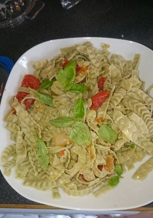 A picture of Mung bean & edamame pasta with sauce.