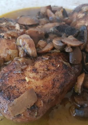 A picture of My Slowcooked Smoked Paprika Chicken and Mushrooms in Wine Sauce.