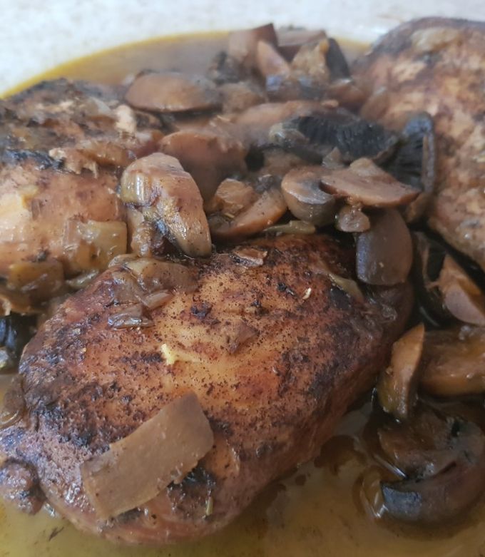 A picture of My Slowcooked Smoked Paprika Chicken and Mushrooms in Wine Sauce.