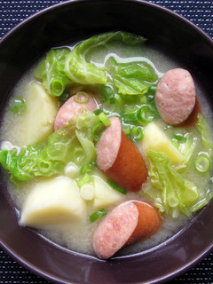A picture of Smoked Sausage, Potato & Cabbage Miso Soup.
