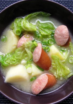A picture of Smoked Sausage, Potato & Cabbage Miso Soup.