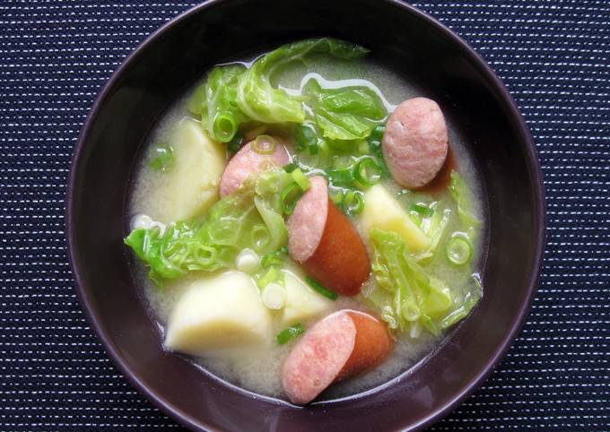 Smoked Sausage, Potato & Cabbage Miso Soup