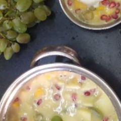 A picture of Fruit salad with ice cream.