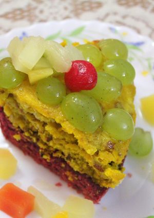 A picture of Red Velvet and Nuts cake with Warm Cocktail syrup dressing.
