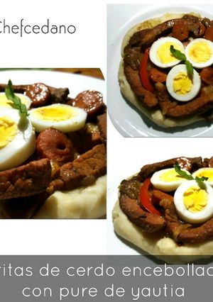 Una foto de Tiritas de cerdo encebollado con puré de yautia