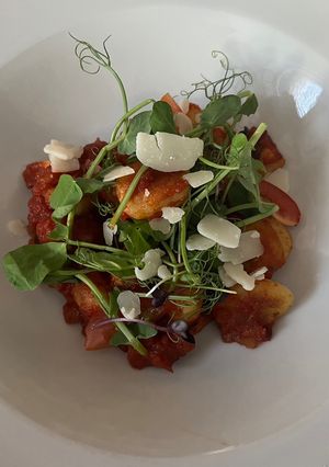 A picture of Gnocchi with mushrooms, tomato sauce and parmesan shavings.
