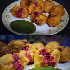 A picture of Aaloo beet bondas.