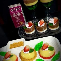 A picture of Choco Mousse jello dessert. And Pudding dome.