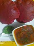 Beetroot poori and potato sabzi with spicy chutney