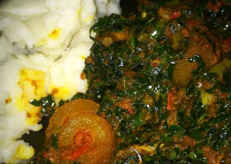 Pounded yam and vegetable soup