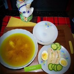 A picture of Organic Chicken Soup And Egg,mayo vegetables Sandwiches.