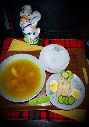 A picture of Organic Chicken Soup And Egg,mayo vegetables Sandwiches.