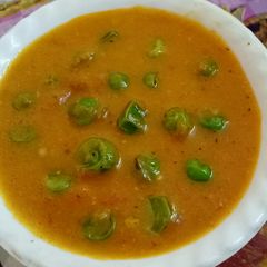 A picture of Green peas in red gravy.