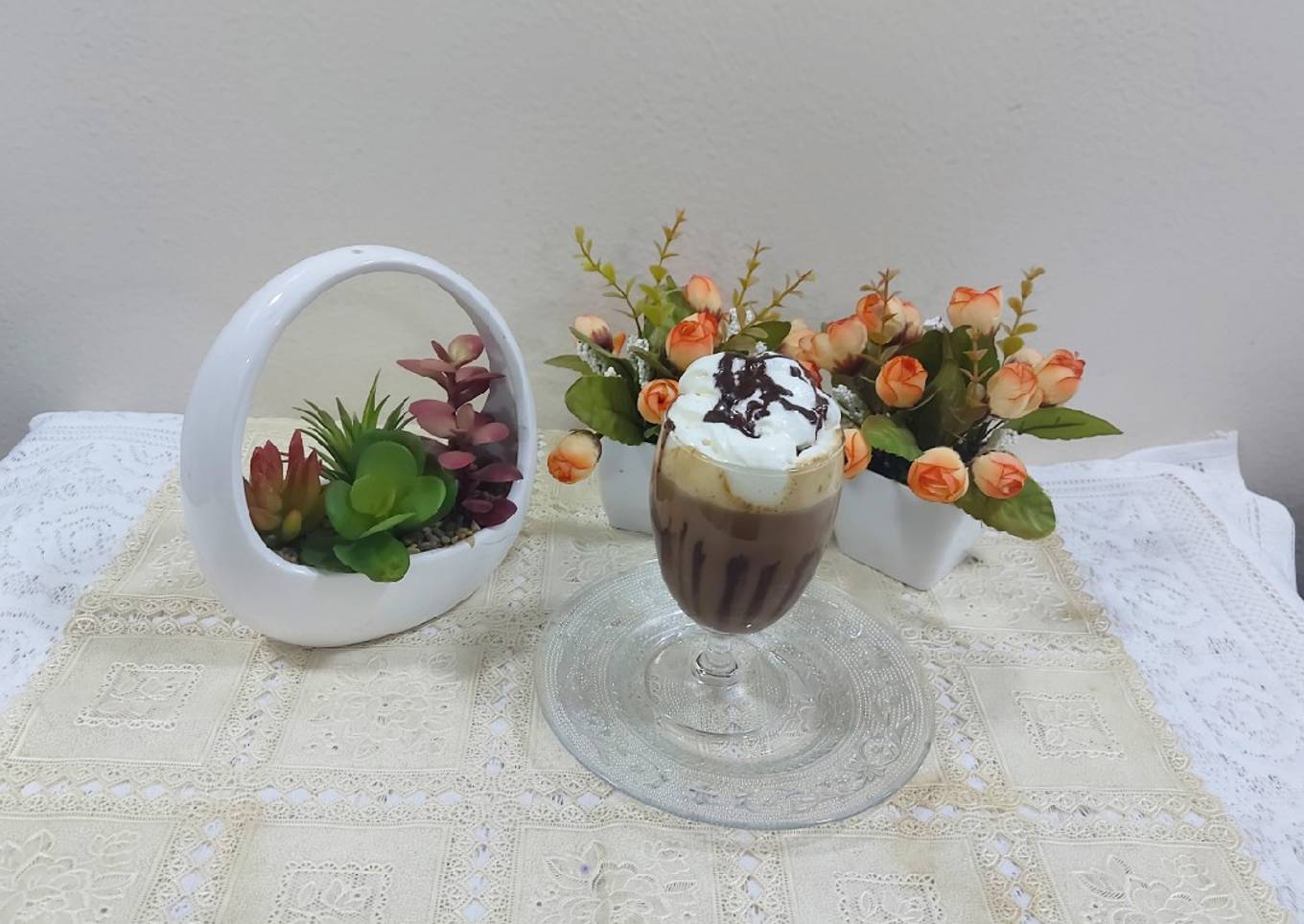 Caramel hot coffee chocolate with cream