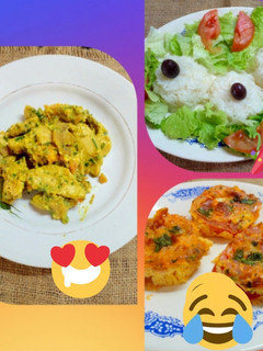 Una foto de Pollo con champignones😍 Timbal de arroz🎉Omelette de tomate🤣
