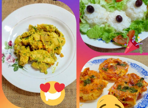 Una foto de Pollo con champignones😍 Timbal de arroz🎉Omelette de tomate🤣